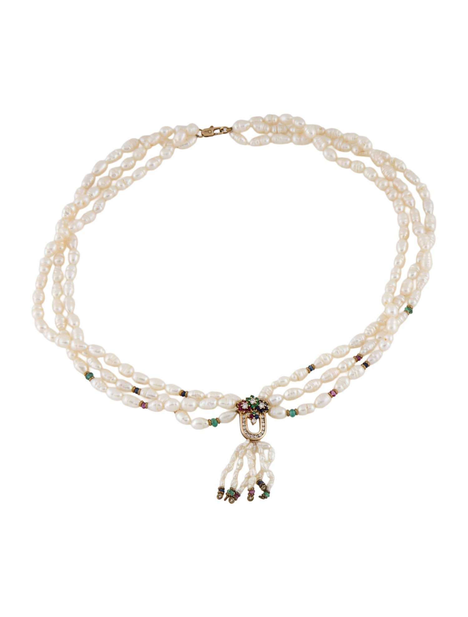 Necklace 14K Pearl & Multistone Multistrand