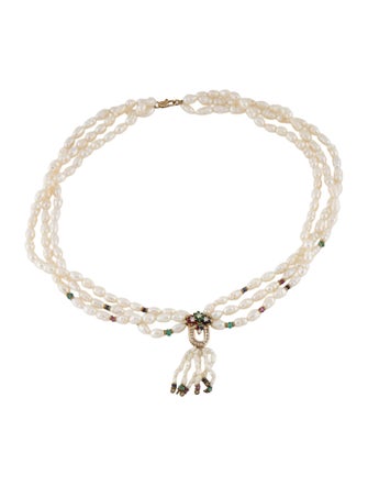 Necklace 14K Pearl & Multistone Multistrand Necklace