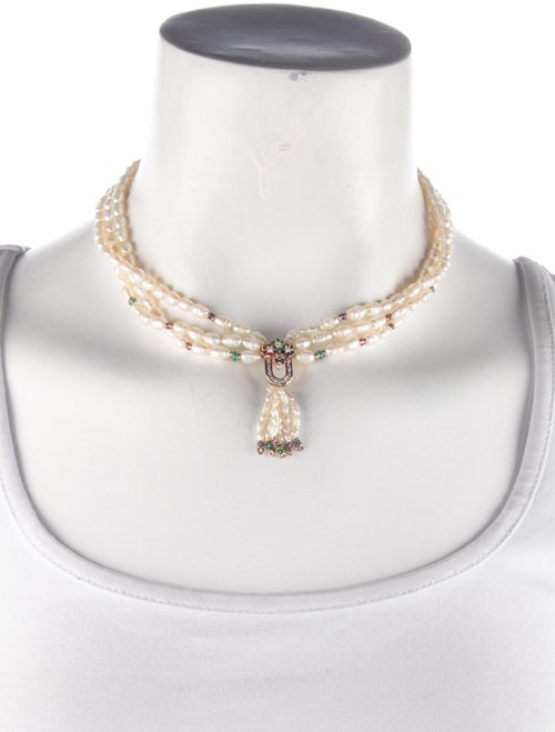 Necklace 14K Pearl & Multistone Multistrand Necklace