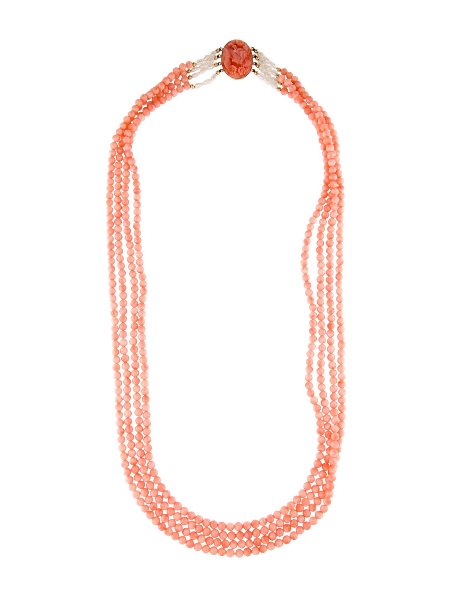 Necklace 14K Coral & Pearl Multistrand Pendant