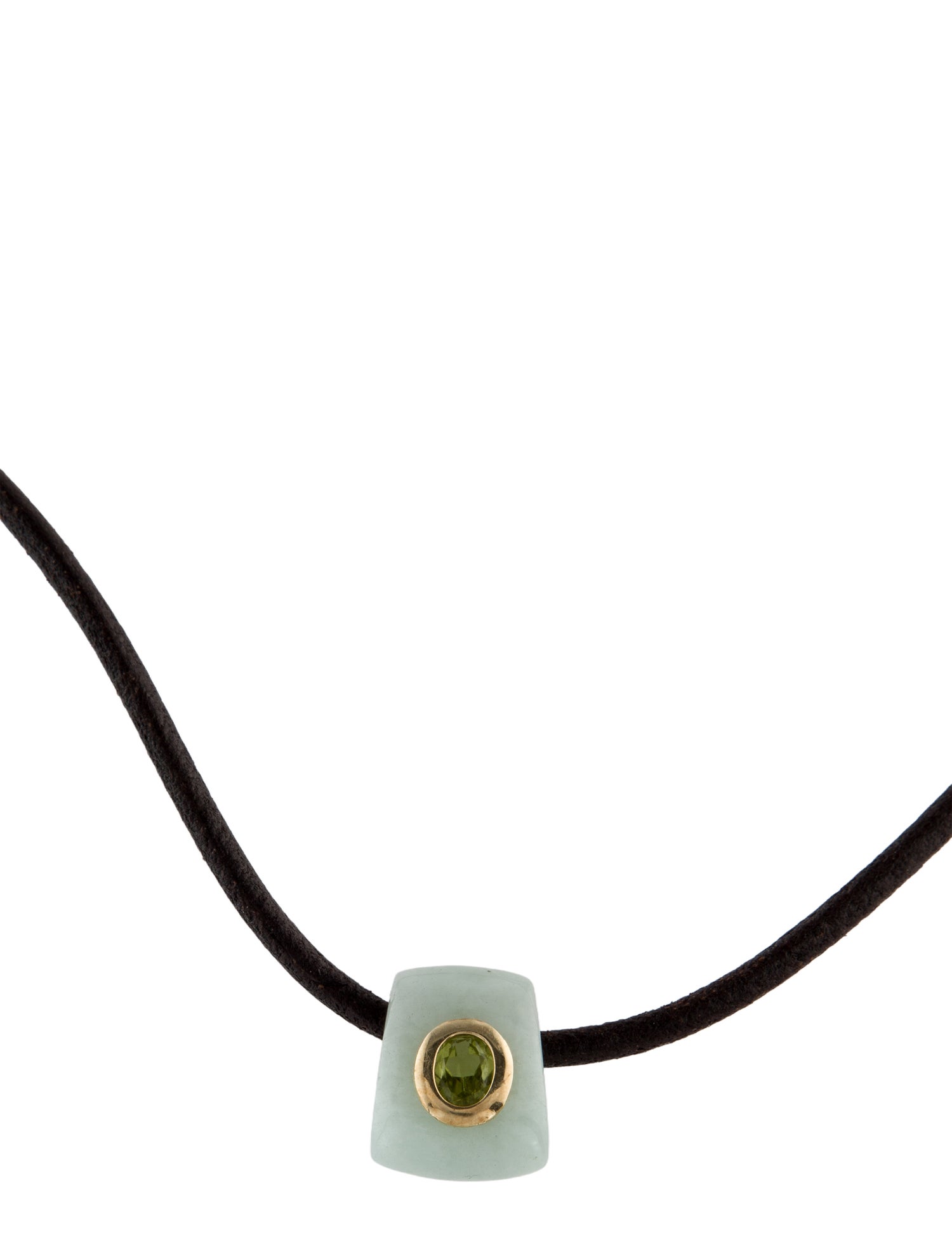 Necklace 14K Jadeite & Peridot Pendant w/ Leather Collar