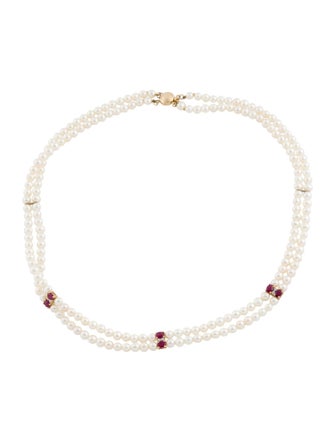 Necklace 14K Ruby & Diamond Double Strand Bead Necklace
