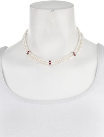 Necklace 14K Ruby & Diamond Double Strand Bead Necklace
