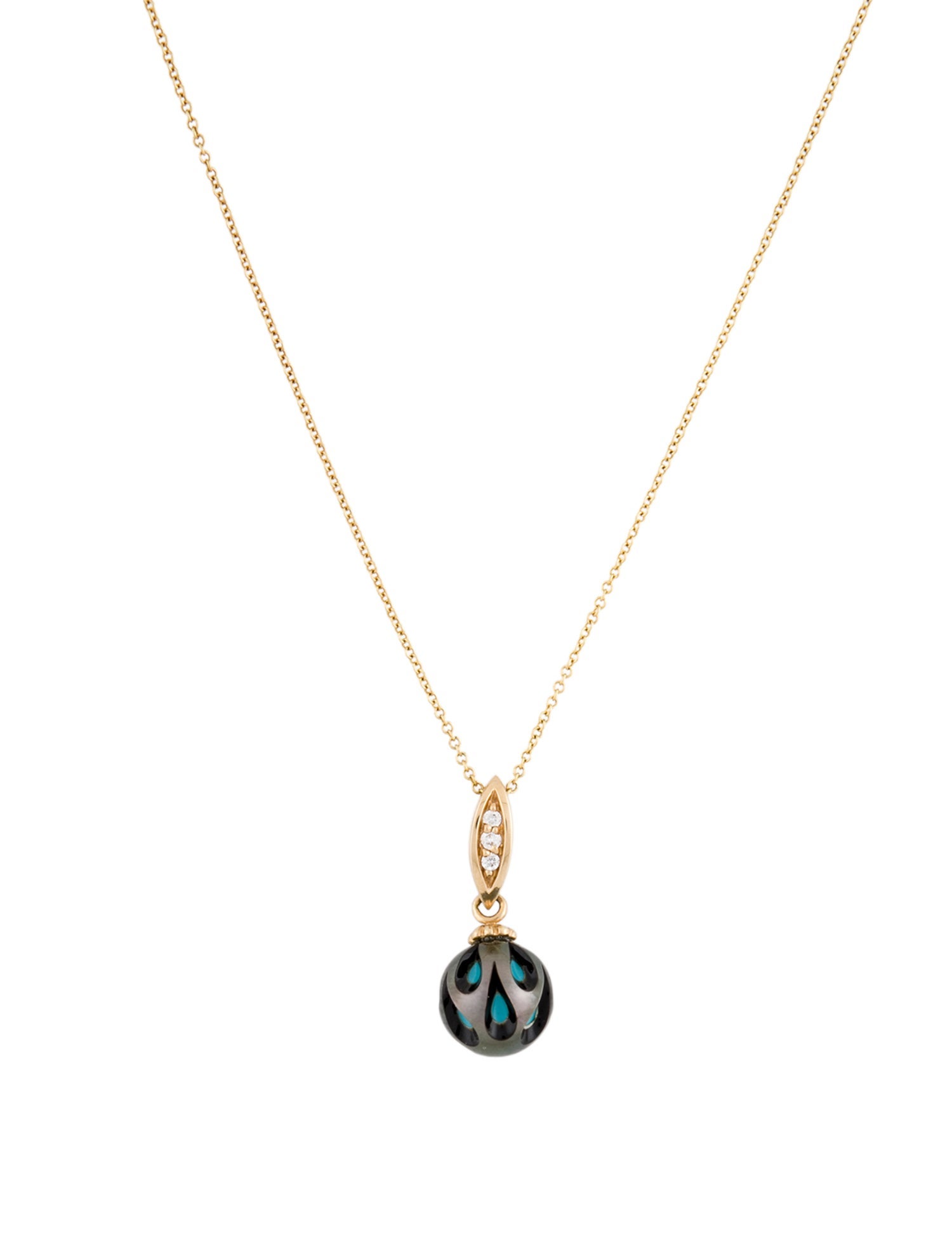 Necklace Galatea 14K Pearl, Turquoise & Diamond Craved Pendant Necklace