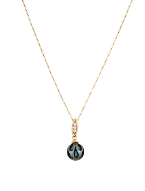 Necklace Galatea 14K Pearl, Turquoise & Diamond Craved Pendant Necklace