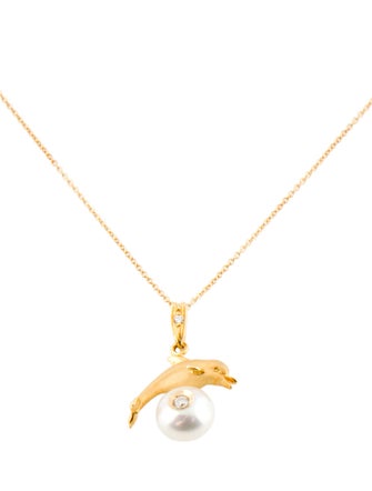 Necklace 14K Pearl & Diamond Dolphin Pendant Necklace