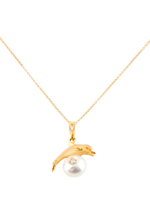 Necklace 14K Pearl & Diamond Dolphin Pendant Necklace