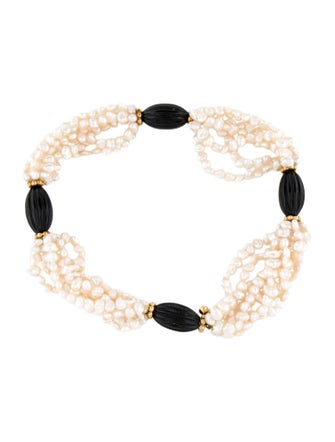 Necklace 18K Pearl & Onyx Station Multistrand Choker