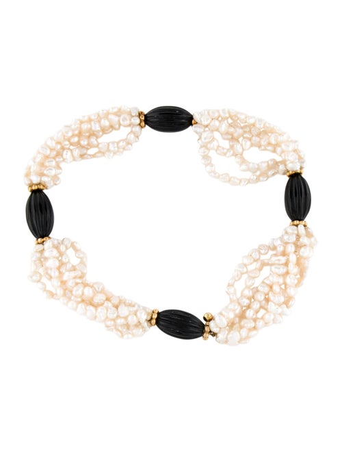 Necklace 18K Pearl & Onyx Station Multistrand Choker