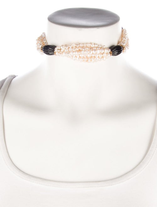 Necklace 18K Pearl & Onyx Station Multistrand Choker