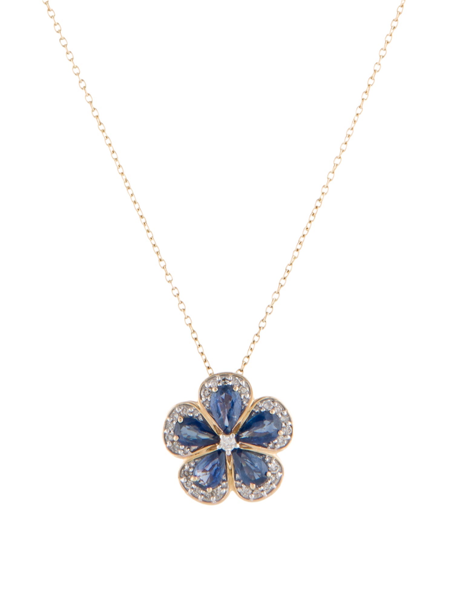 Necklace 14K 1.03ctw Sapphire & Diamond Flower Pendant Necklace