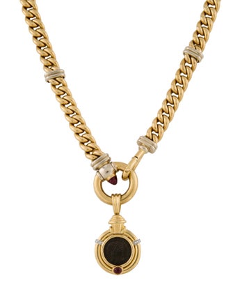 Necklace Signoretti 18K Tourmaline Curb Chain Necklace w/Unbranded 18K Ruby & Diamond Coin Pendant