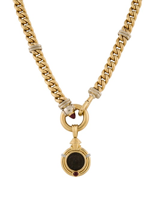 Necklace Signoretti 18K Tourmaline Curb Chain Necklace w/Unbranded 18K Ruby & Diamond Coin Pendant