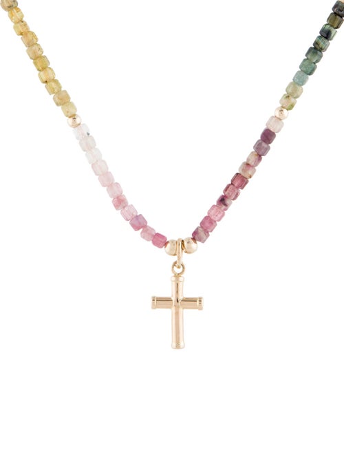 Necklace 14K Tourmaline Beaded Cross Pendant Necklace