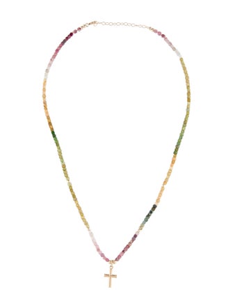 Necklace 14K Tourmaline Beaded Cross Pendant Necklace