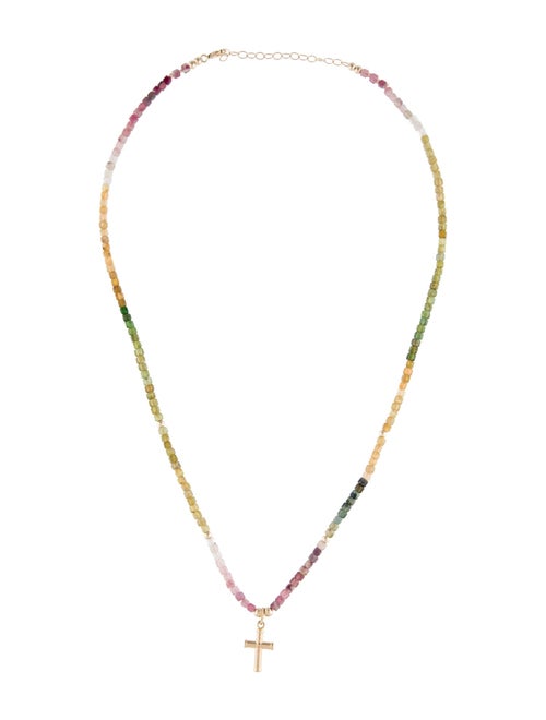 Necklace 14K Tourmaline Beaded Cross Pendant Necklace