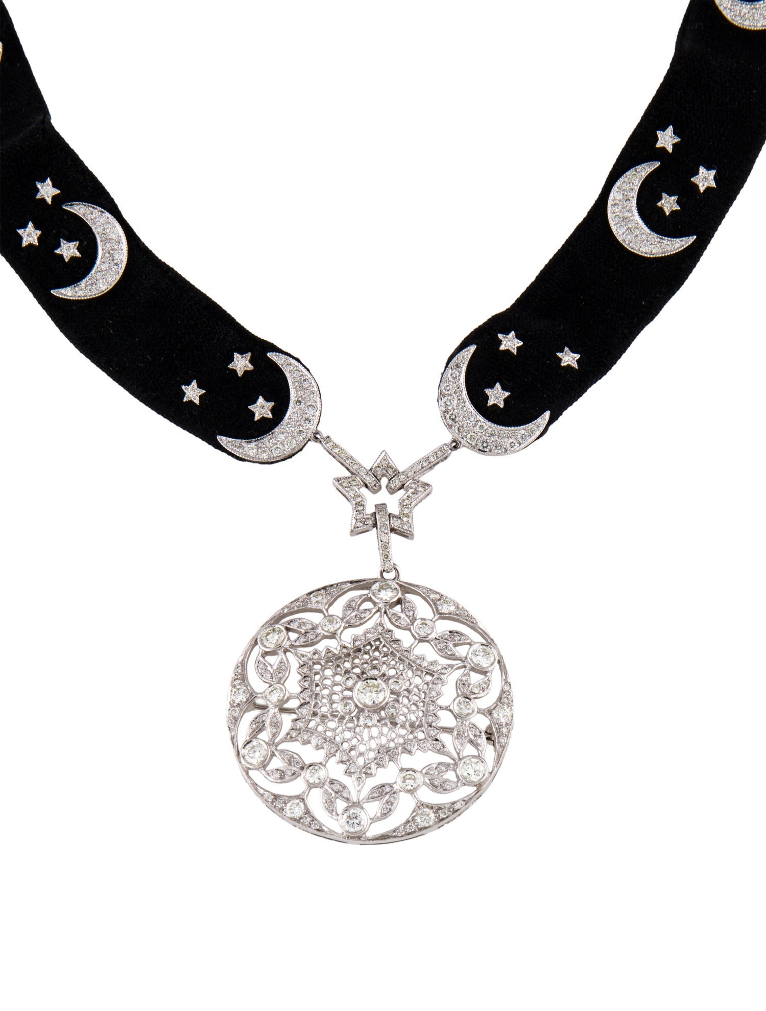 Necklace 18K 4.09ctw Diamond & Velvet Celestial Pendant Choker