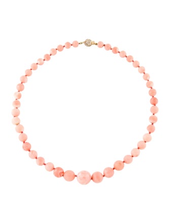 Necklace 18K Coral & Diamond Graduated Bead Strand Necklace