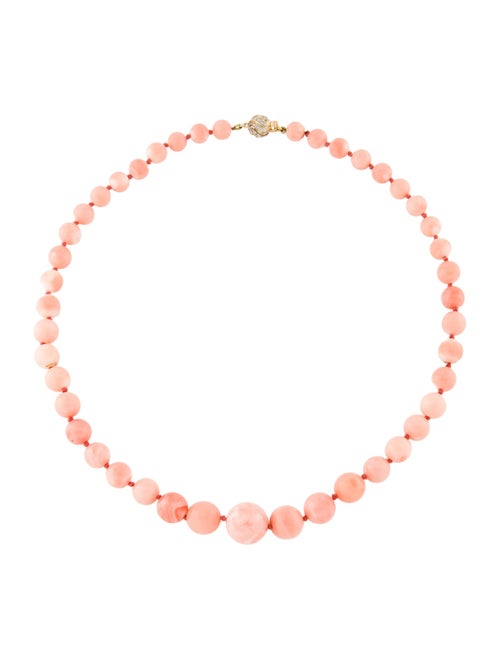 Necklace 18K Coral & Diamond Graduated Bead Strand Necklace