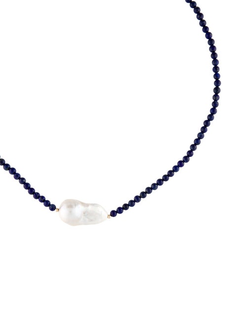 Necklace 14K Pearl & Lapis Lazuli Bead Strand Necklace