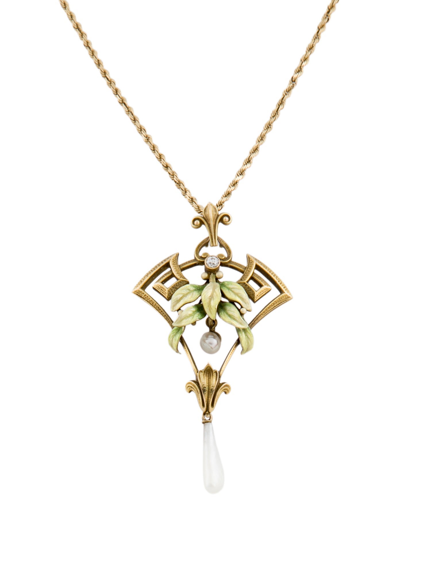 Necklace Art Nouveau 14K Pearl, Diamond & Enamel Pendant on 14K Chain
