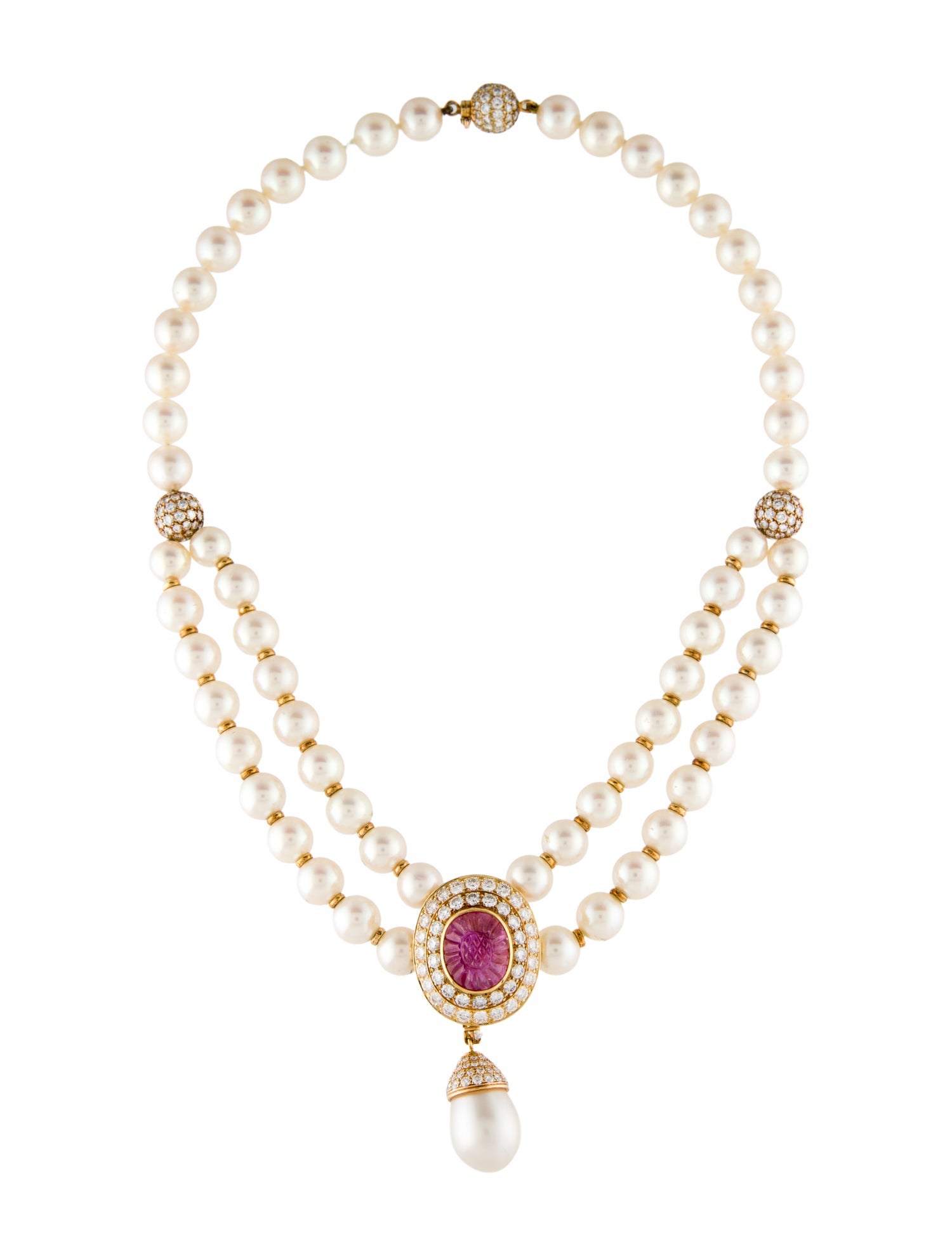 Necklace 18K Pearl, Sapphire & Diamond Double Strand Pendant Necklace