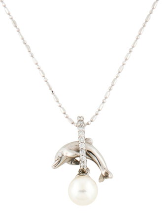 Necklace 14K Pearl & Diamond Dolphin Pendant Necklace