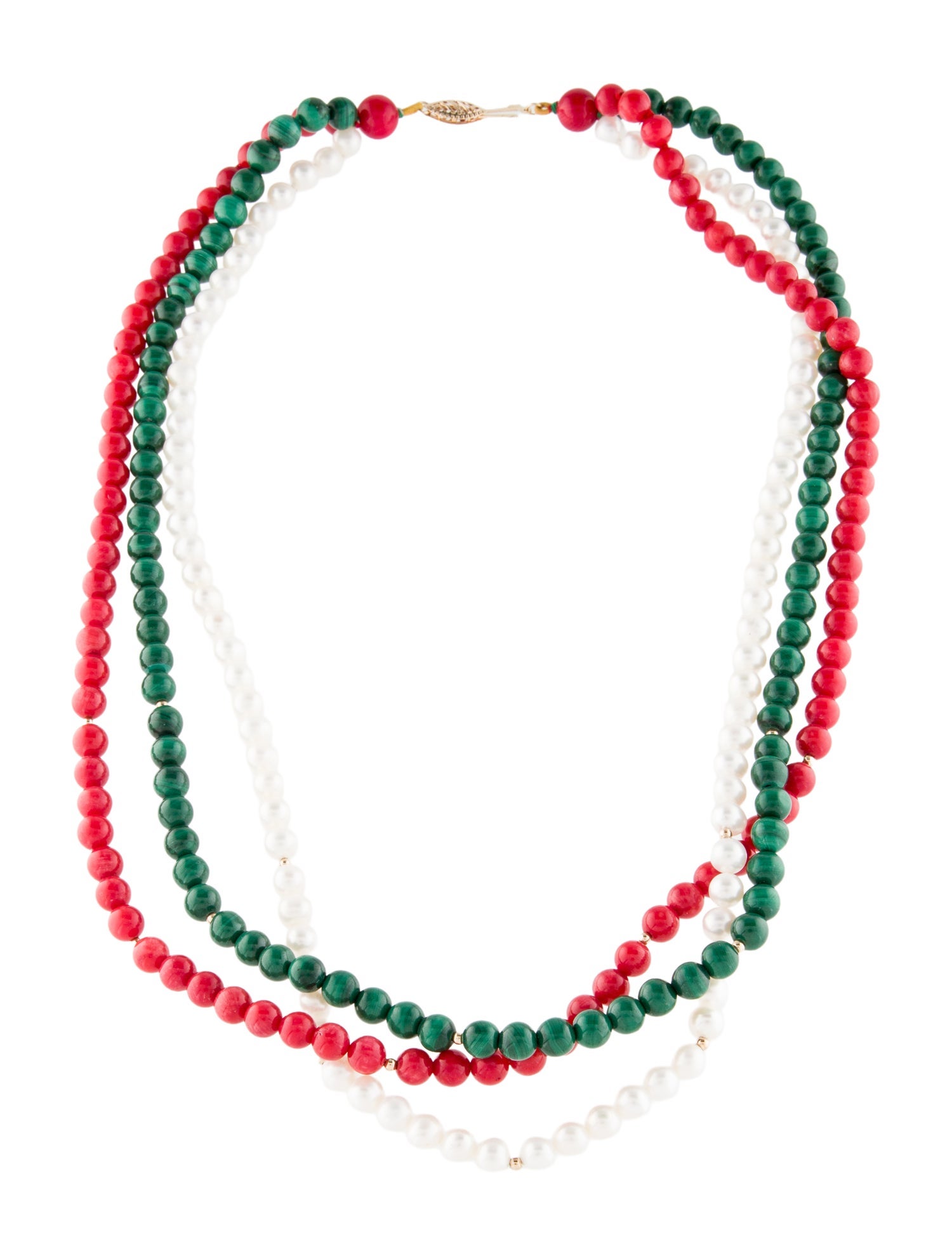 Necklace 14K Pearl, Dyed Coral & Malachite Multistrand Bead
