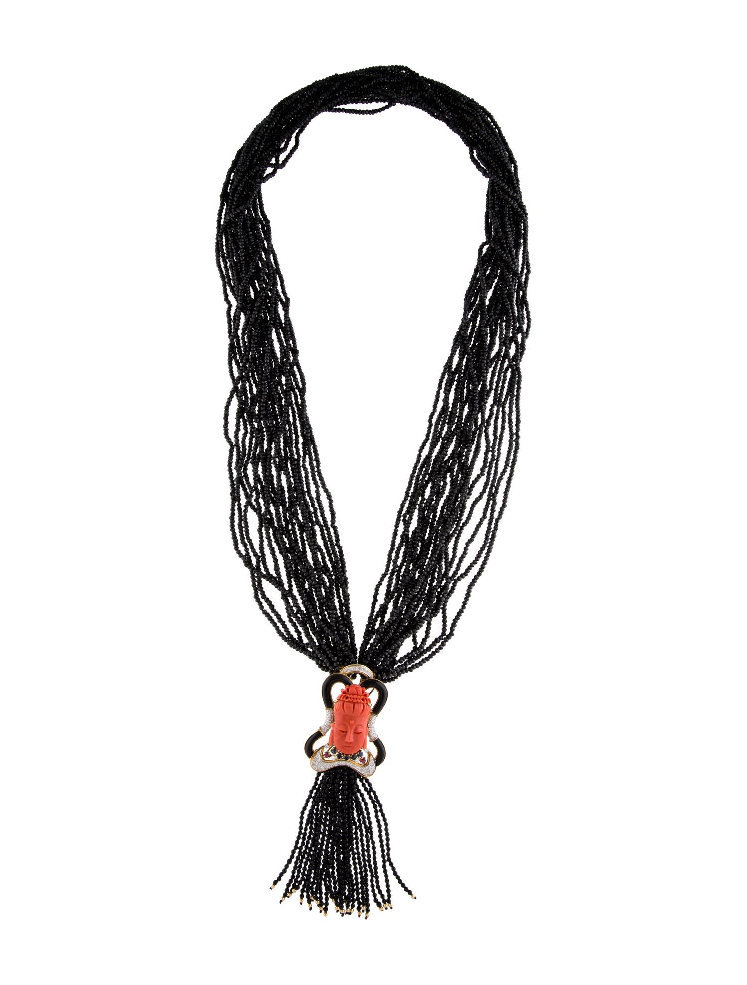 Necklace 14K Coral, Diamond, & Multistone Multistrand Buddha Tassel
