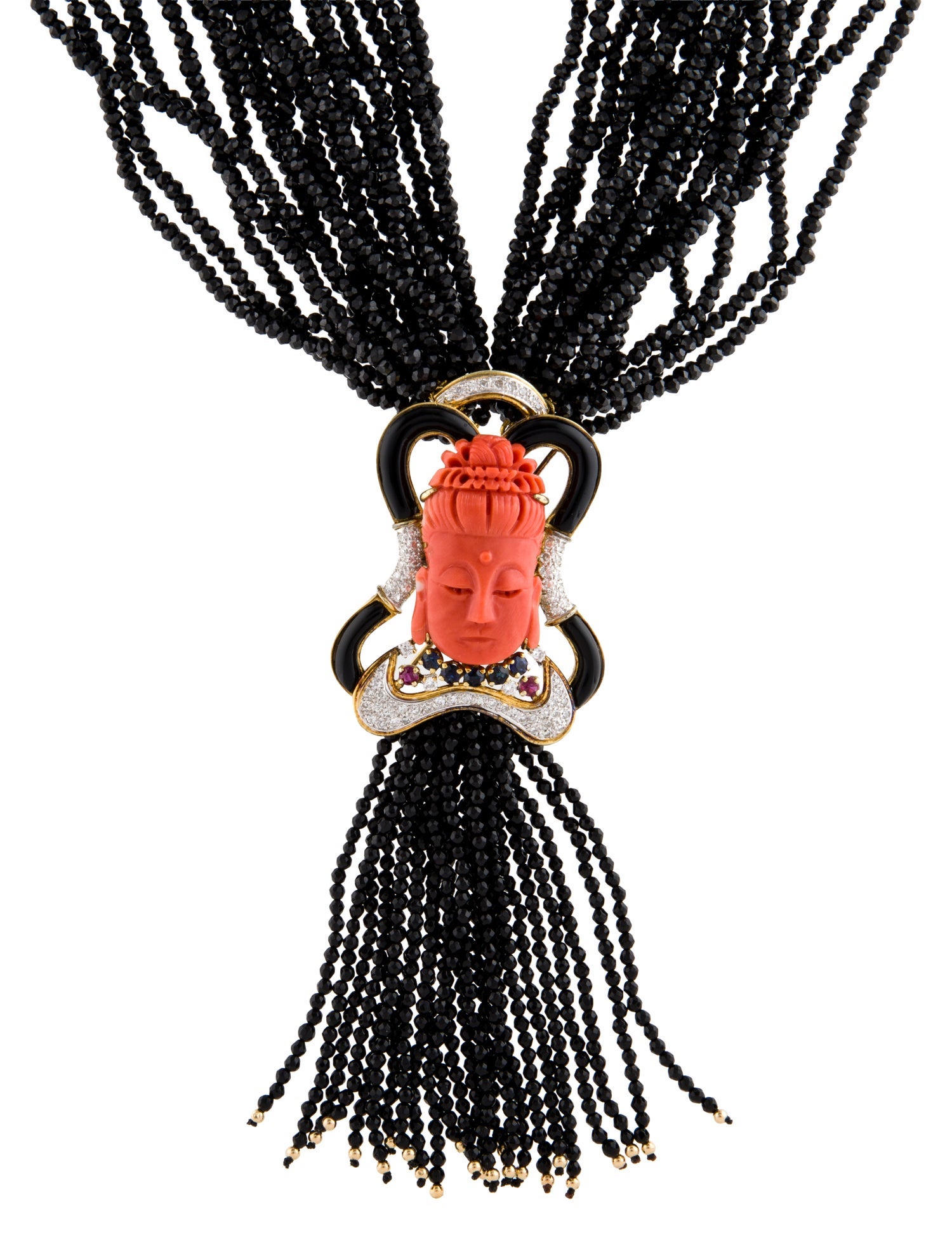 Necklace 14K Coral, Diamond, & Multistone Multistrand Buddha Tassel