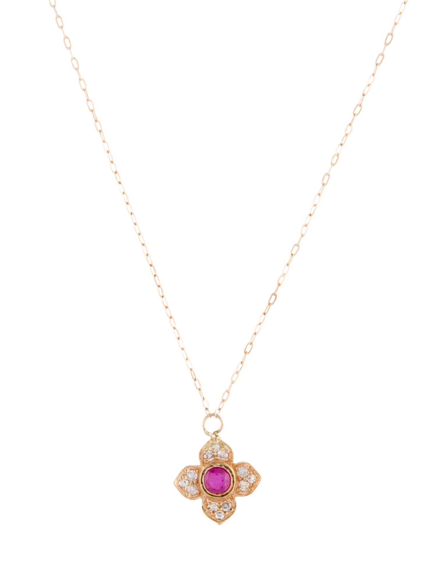 Necklace 14K Ruby & Diamond Flower Pendant Necklace