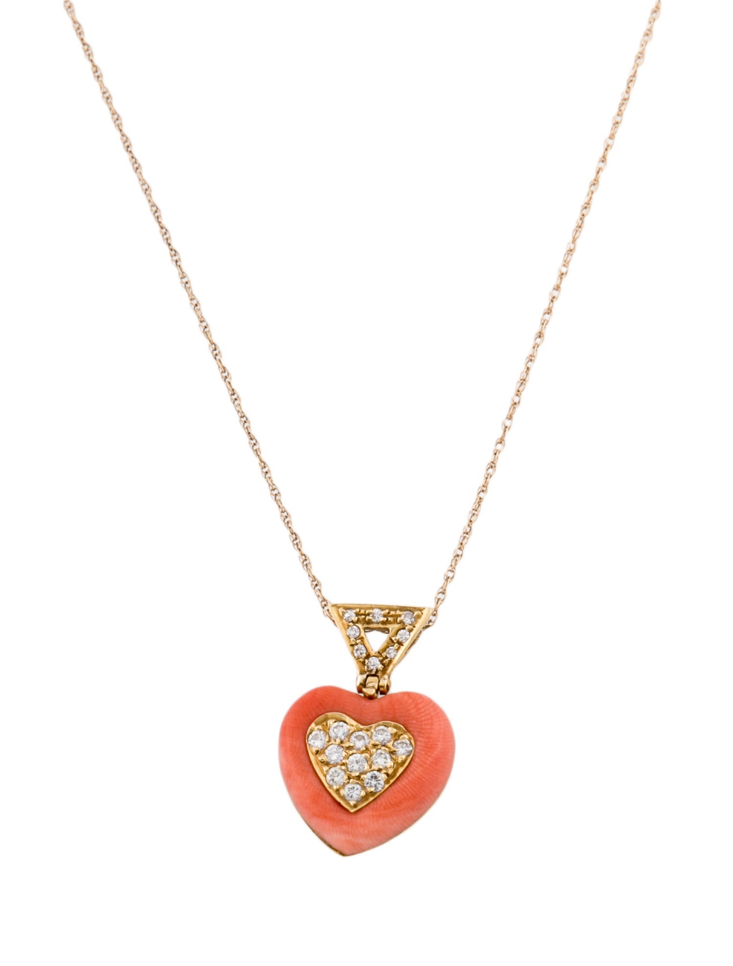 Necklace 18K Coral & Diamond Heart Pendant w/ 14K Rope Chain