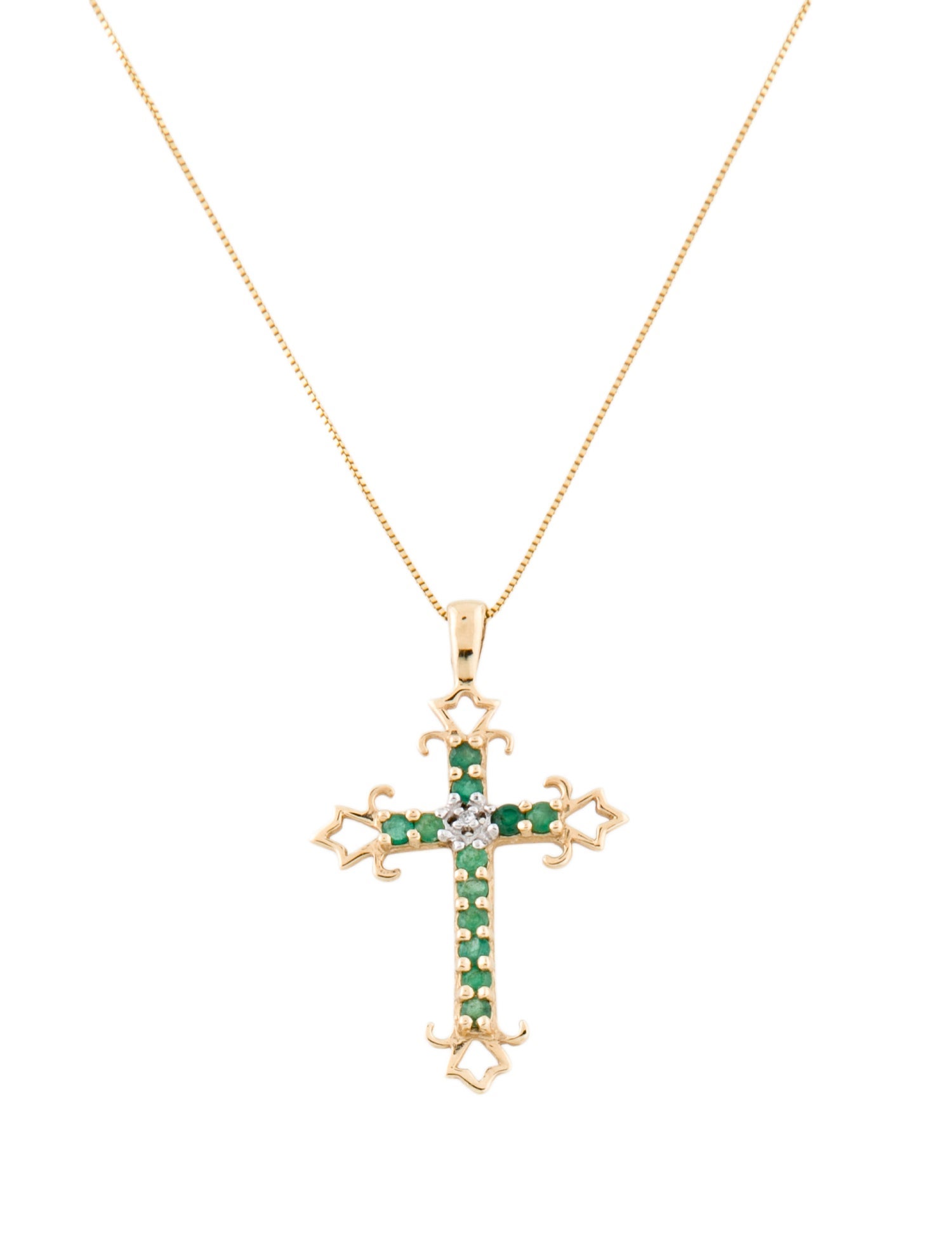 Necklace 14K Emerald & Diamond Cross Pendant w/ 10K Chain