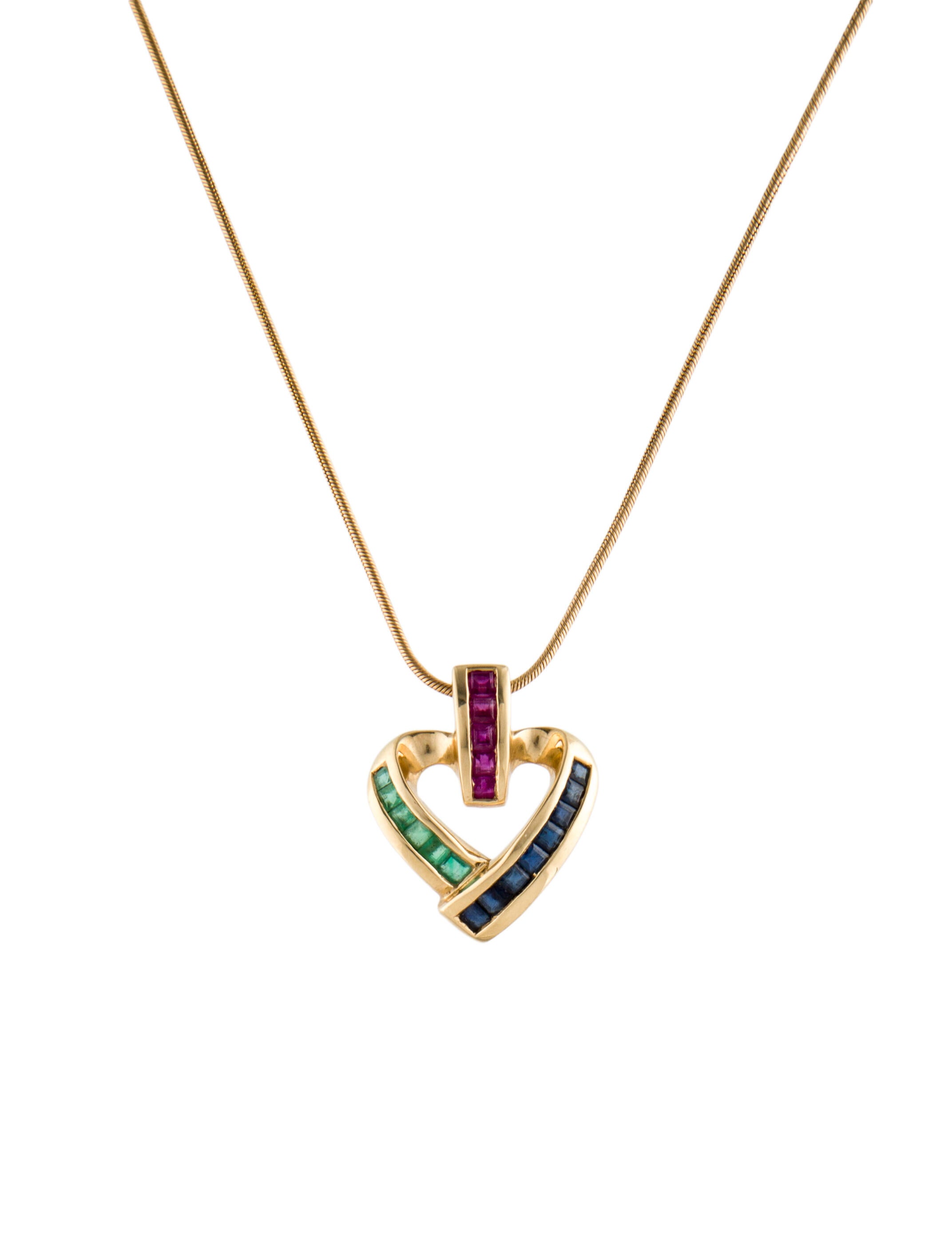 Necklace 14K Emerald, Ruby & Sapphire Heart Pendant Necklace