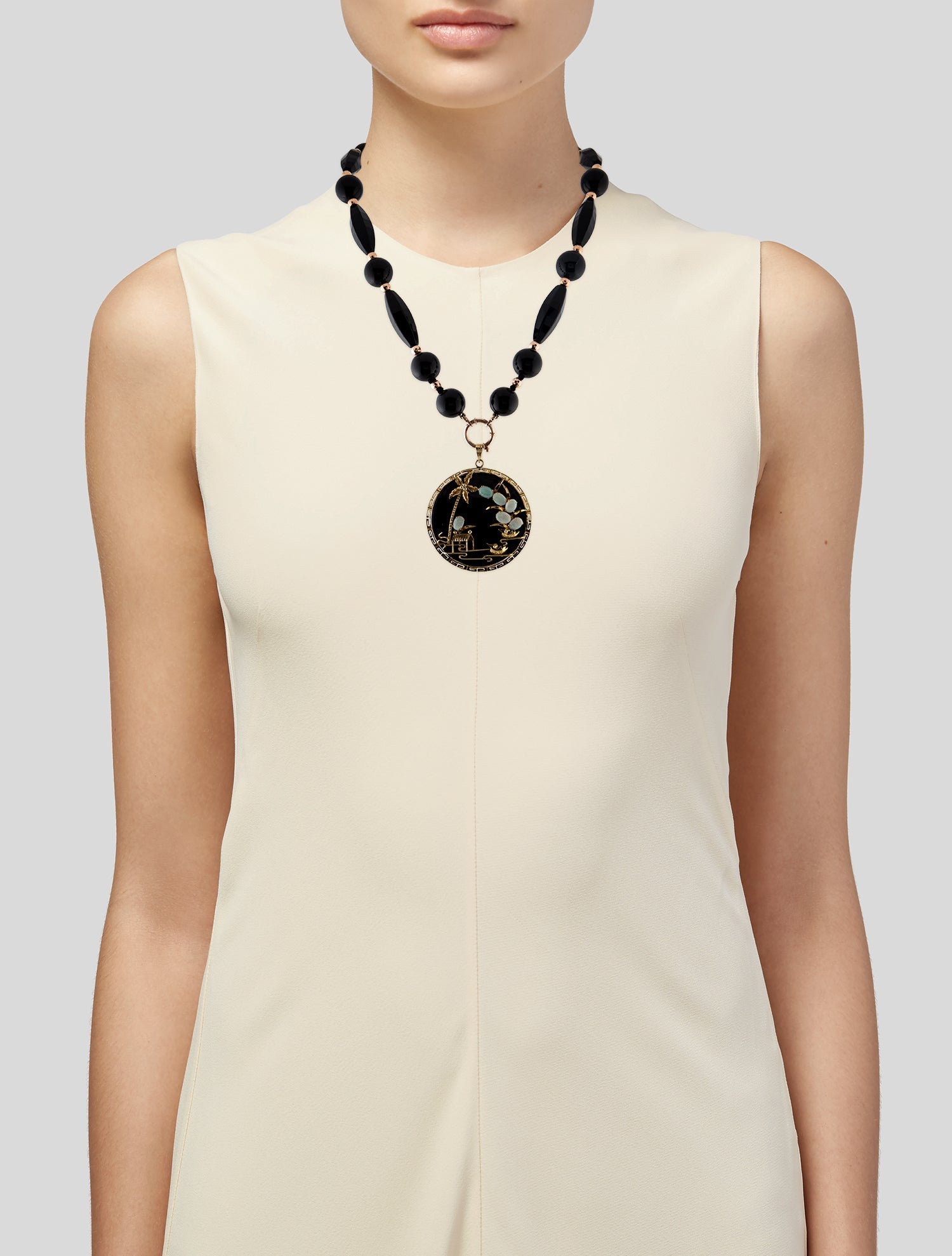 Necklace 14K Onyx & Opal Bead Strand Pendant