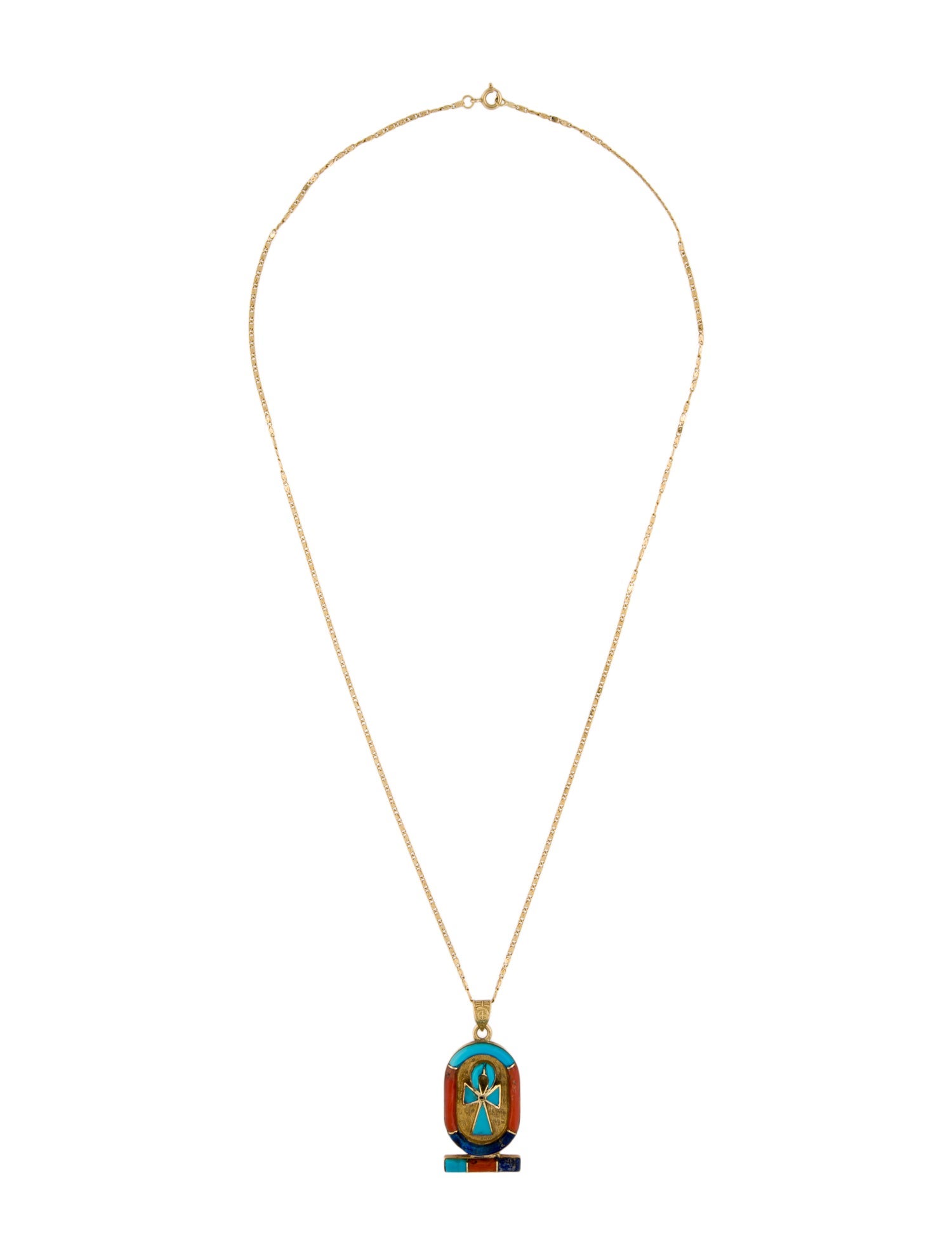 Necklace 18K Coral ,Turquoise and Lapis Lazuli Ankh Pendant