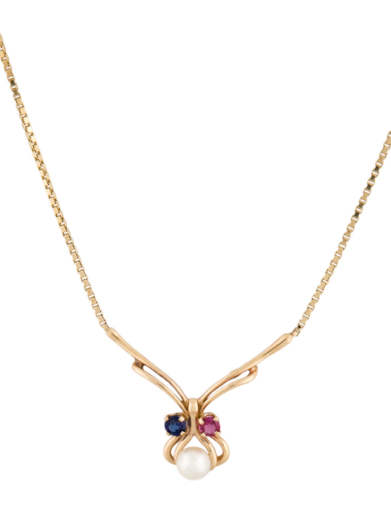 Necklace 14K Cultured Pearl, Ruby & Sapphire Y Pendant