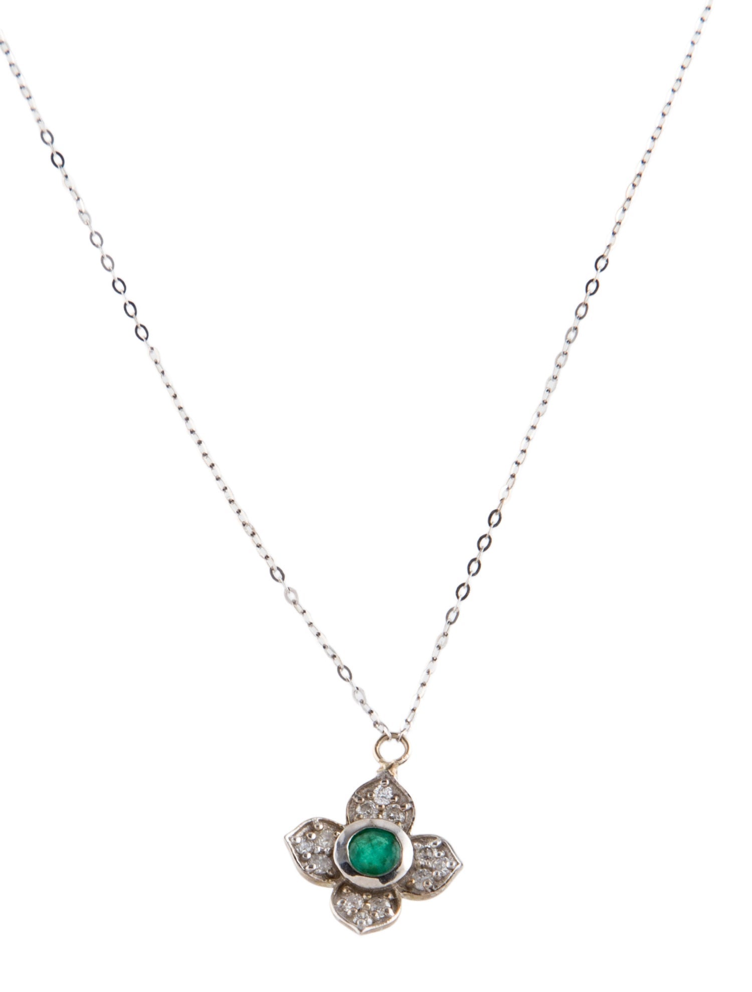 Necklace 14K Emerald & Diamond Floral Pendant
