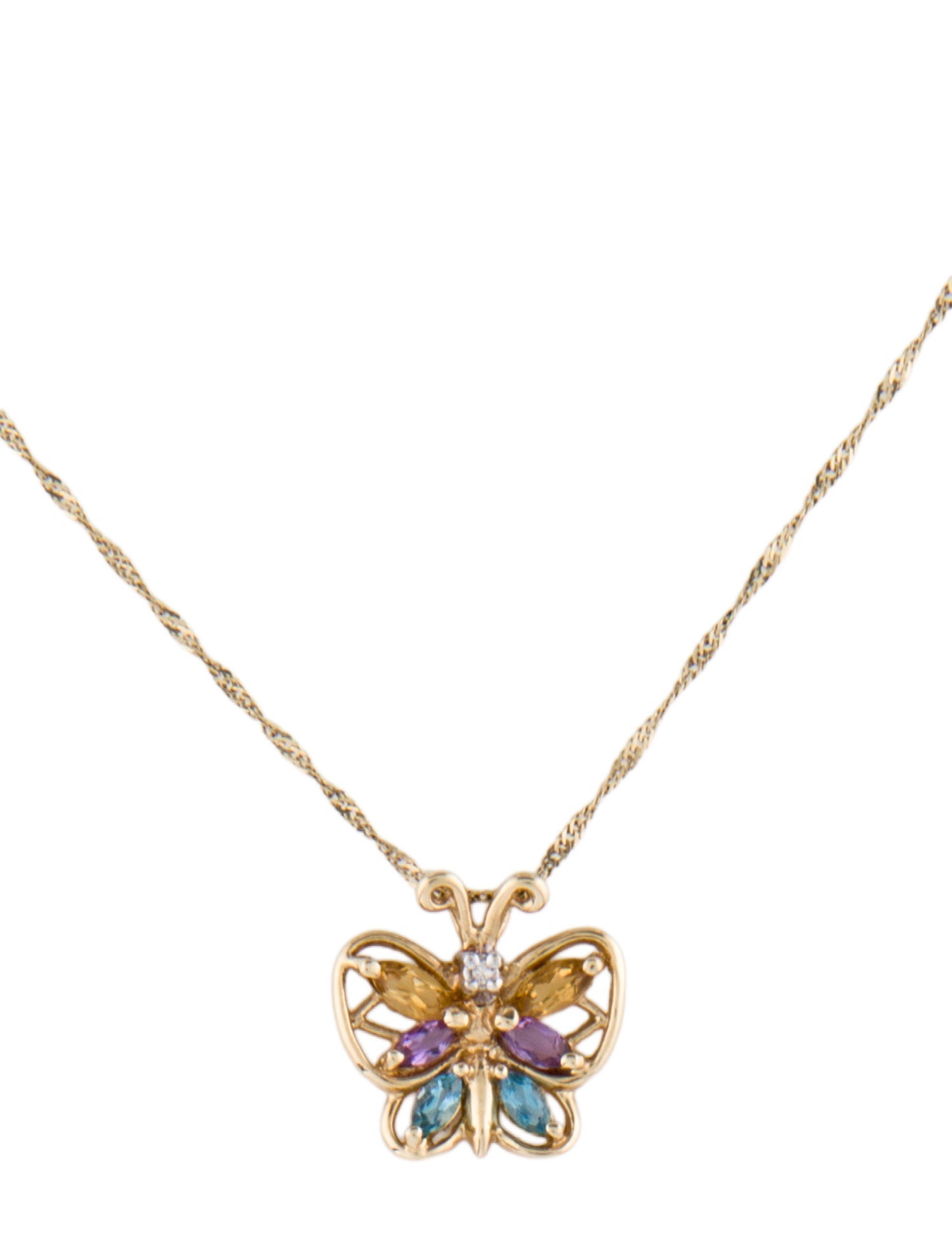 Necklace 10K Citrine, Topaz, Amethyst & Diamond Butterfly Pendant