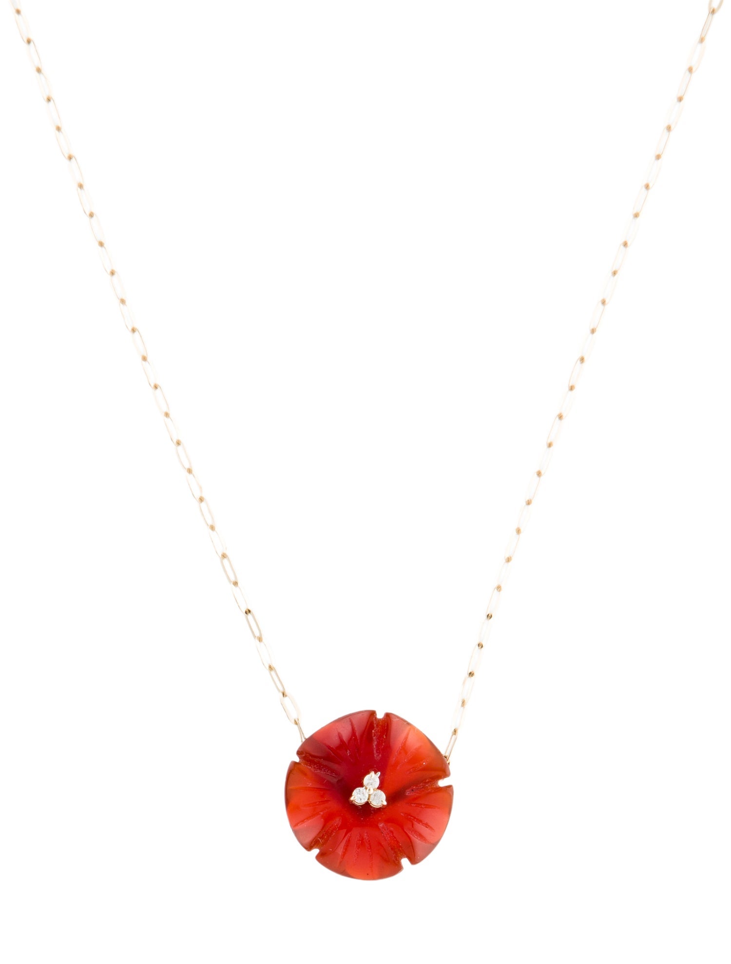 Necklace 14K Carnelian & Diamond Flower Pendant Necklace