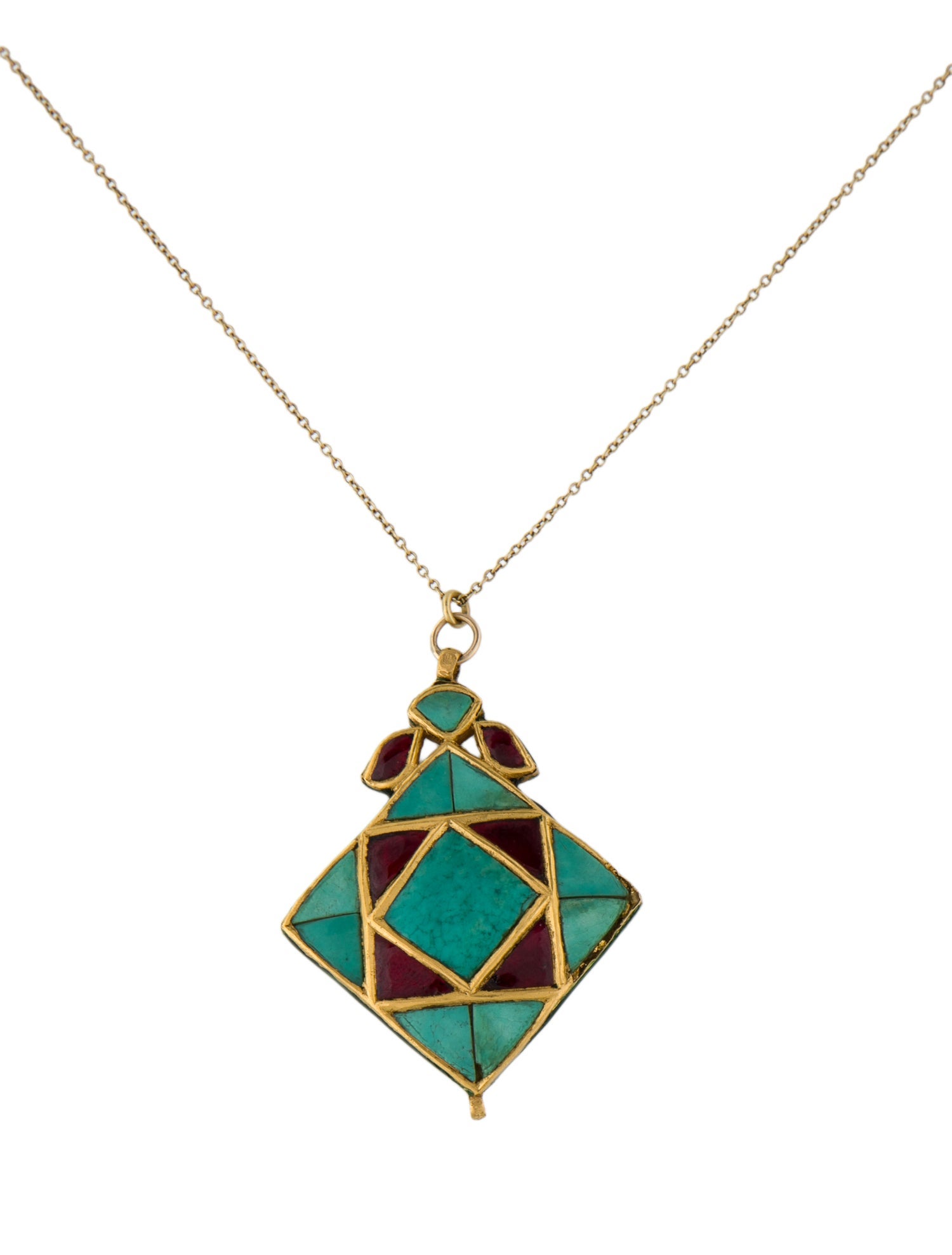 Necklace 24K Turquoise & Enamel Pendant w/ 18K Coral