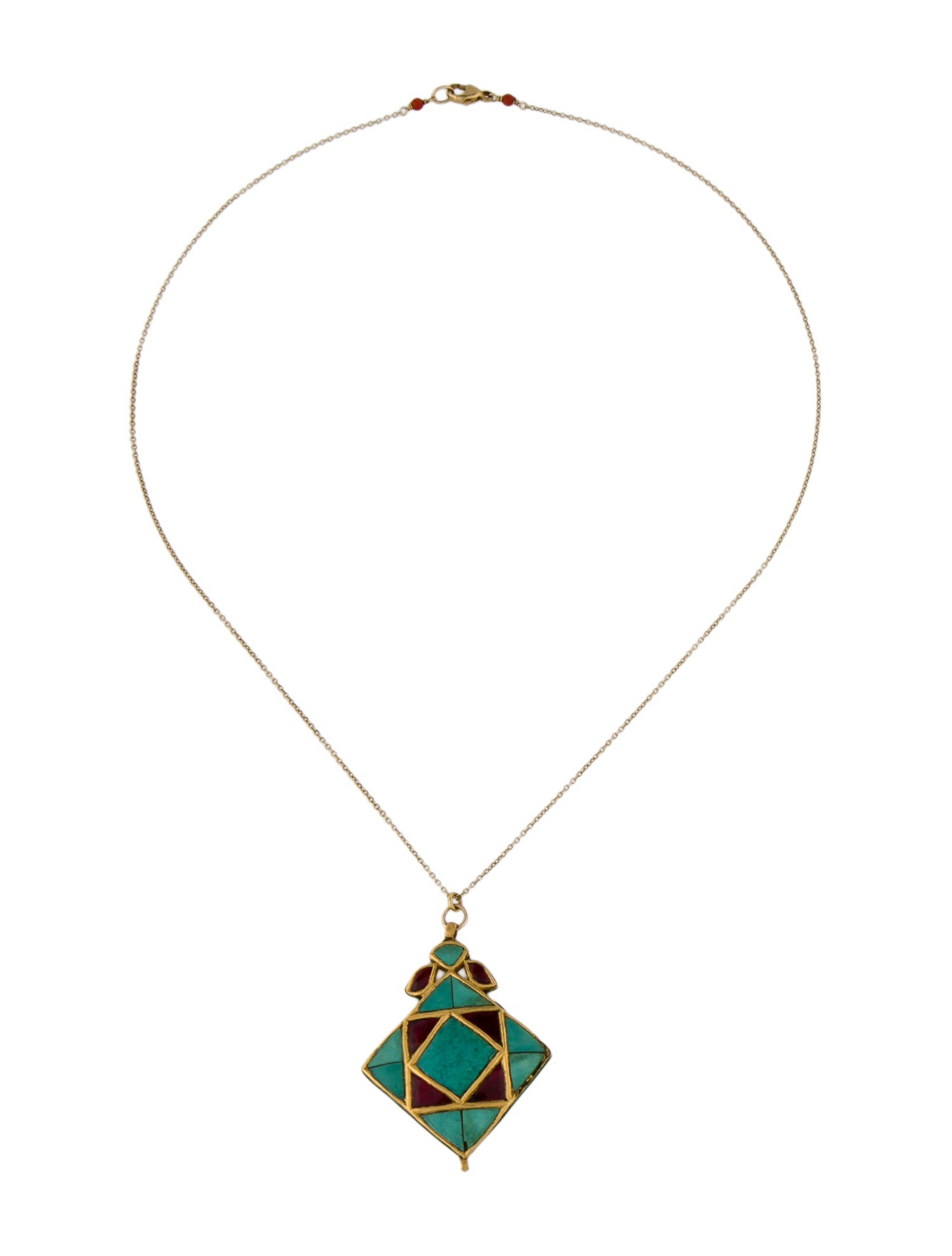 Necklace 24K Turquoise & Enamel Pendant w/ 18K Coral
