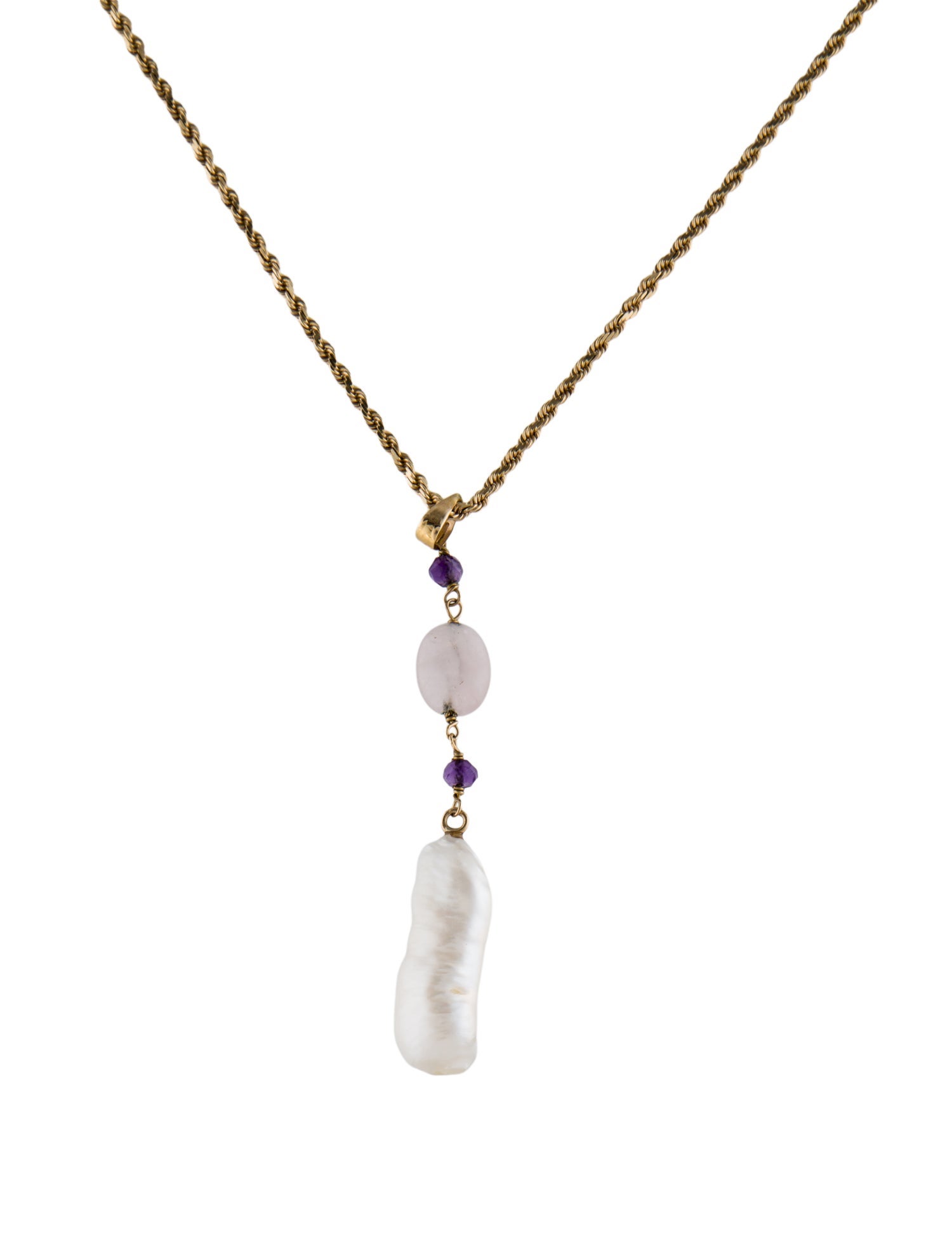 Necklace 14K Pearl, Rose Quartz & Amethyst Pendant Necklace