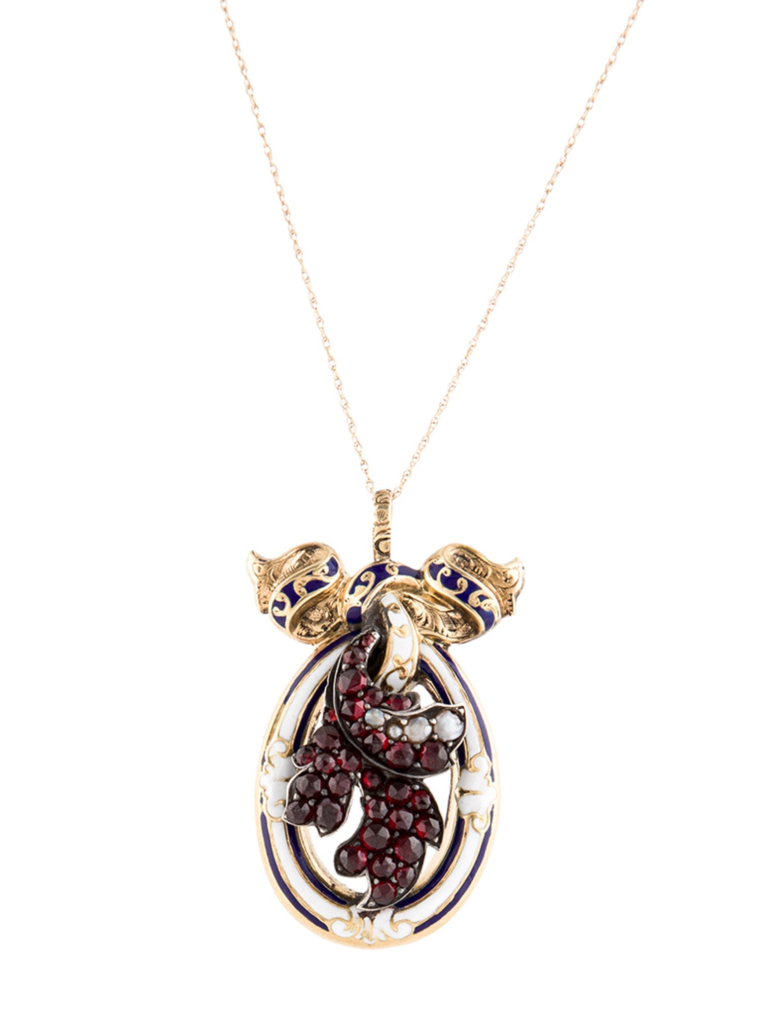 Necklace 10K Pearl, Garnet & Enamel Pendant