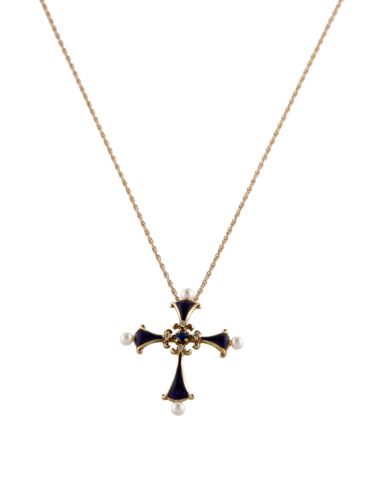 Necklace House of Igor Carl Faberge 14K Pearl, Sapphire & Diamond Enamel Cross Pendant