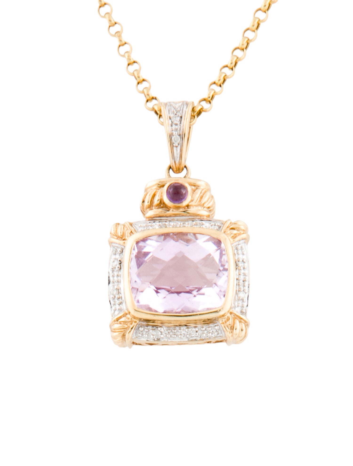 Necklace 14K Kunzite, Amethyst & Diamond Pendant