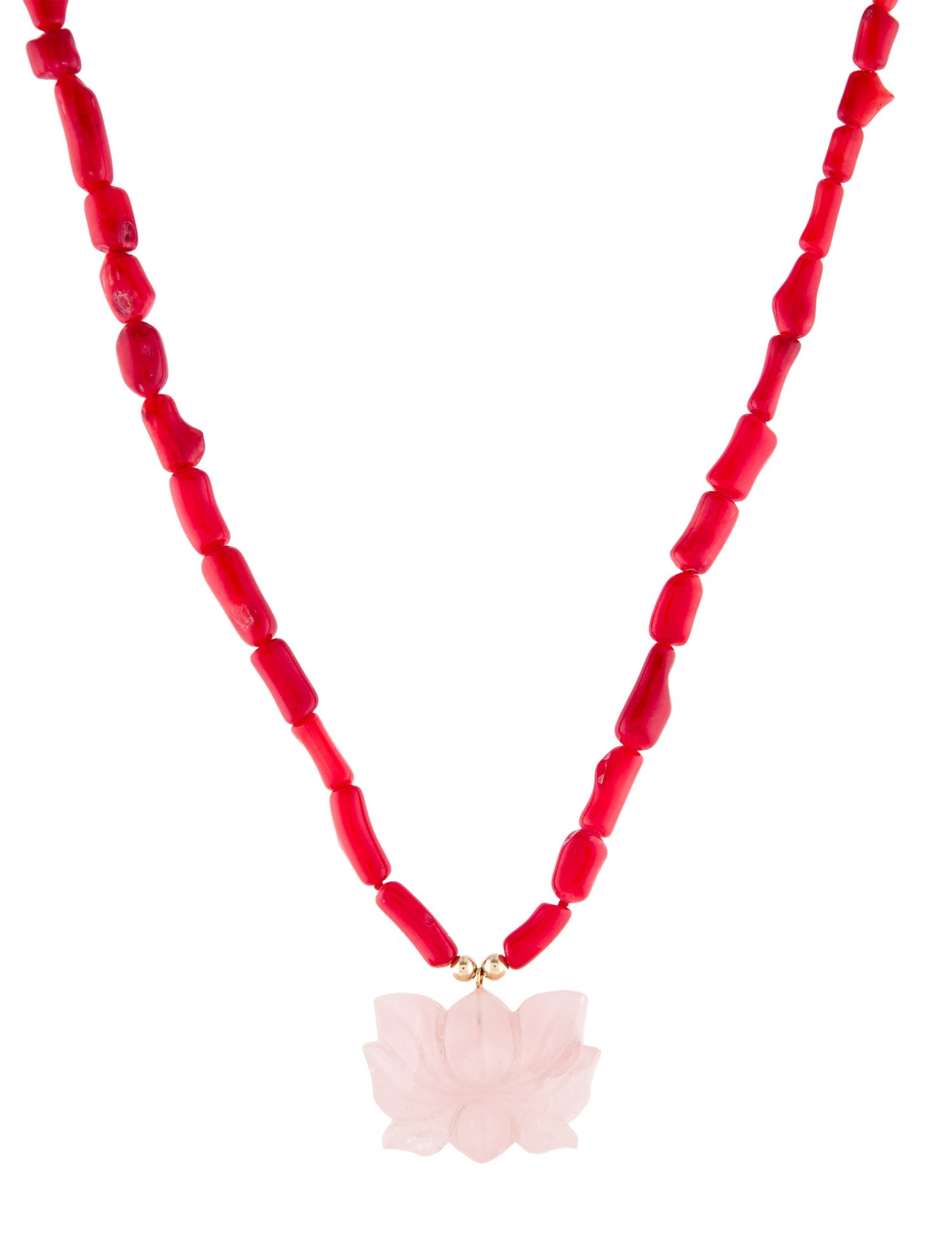 Necklace 14K Coral & Rose Quartz Lotus Flower Bead Pendant