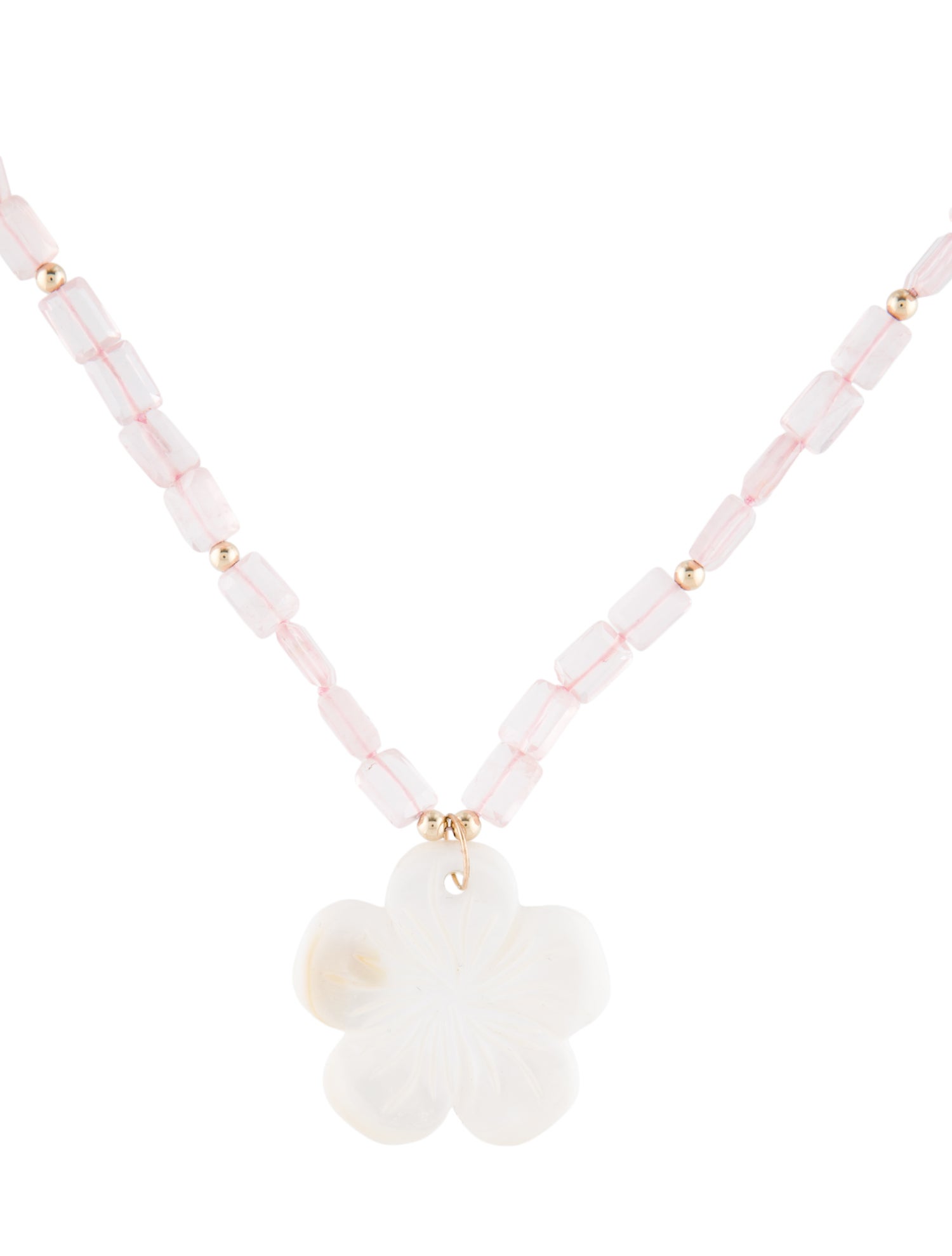 Necklace 14K Mother of Pearl & Rose Quartz Carved Flower Beaded Necklace