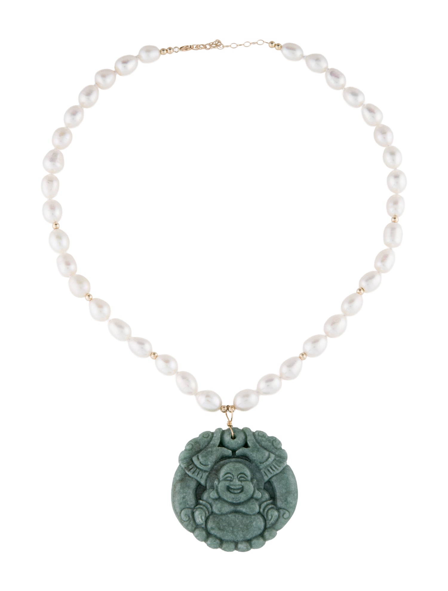 Necklace 14K Pearl & Carved Jadeite Buddha Pendant