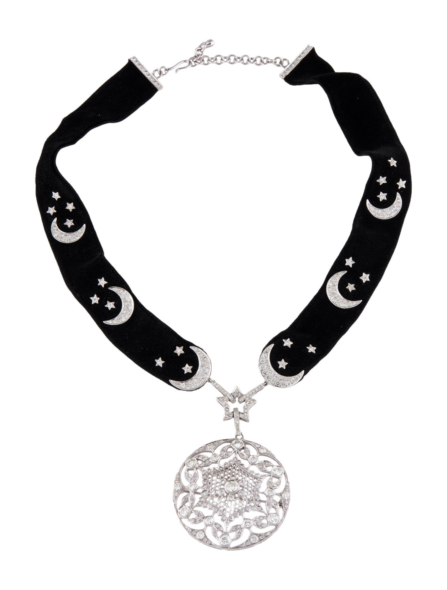 Necklace 18K 4.09ctw Diamond & Velvet Celestial Pendant Choker